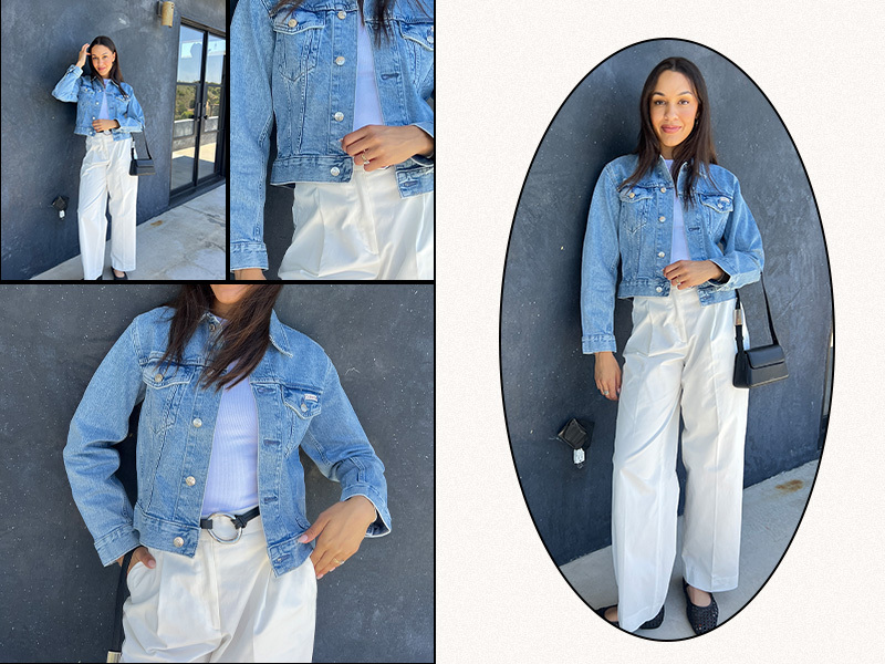 Editor wearing denim jacket and white jeans