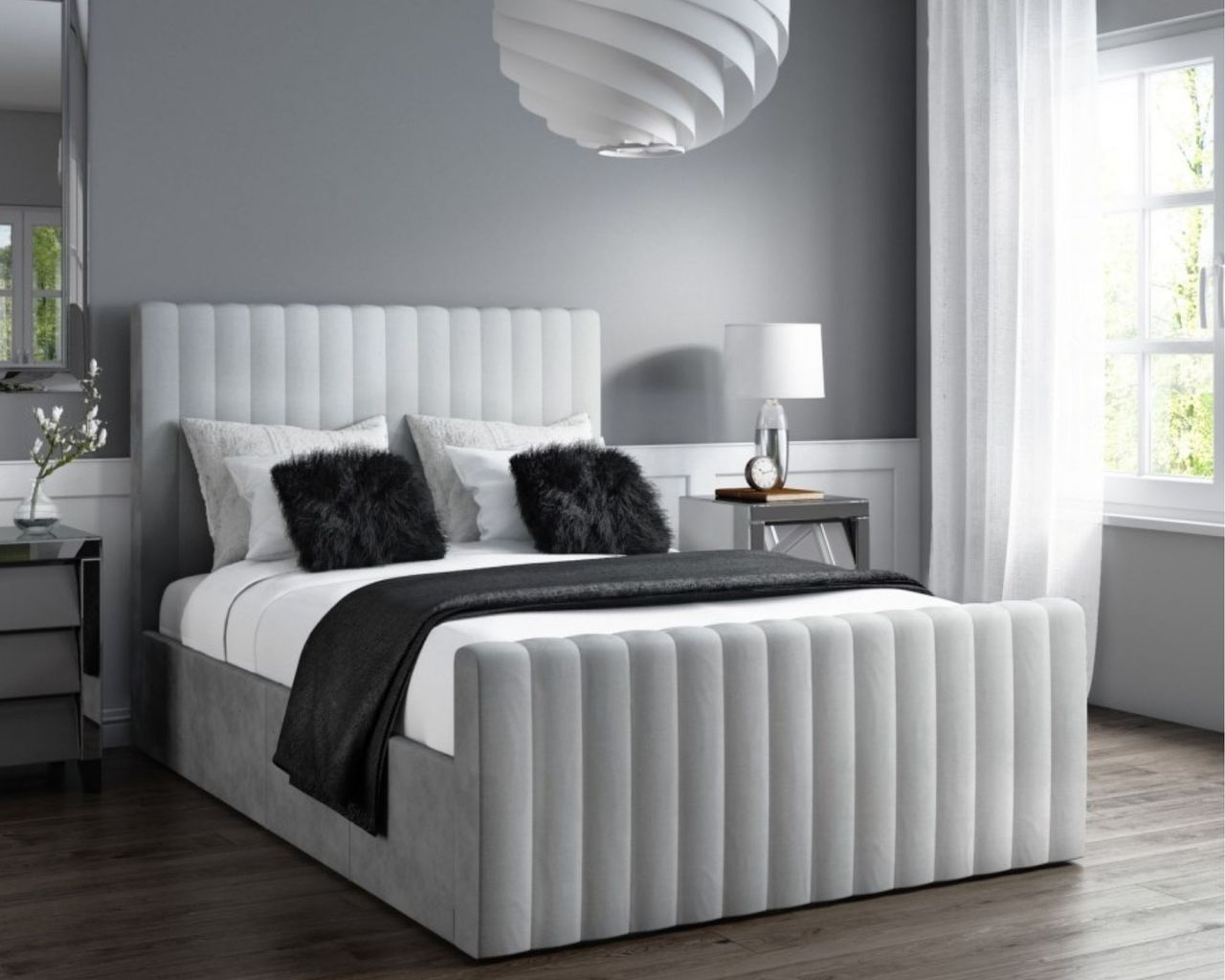 Furniture123 Khloe Double Side Ottoman Bed in Silver Grey Velvet made up with white bedding inside grey bedroom