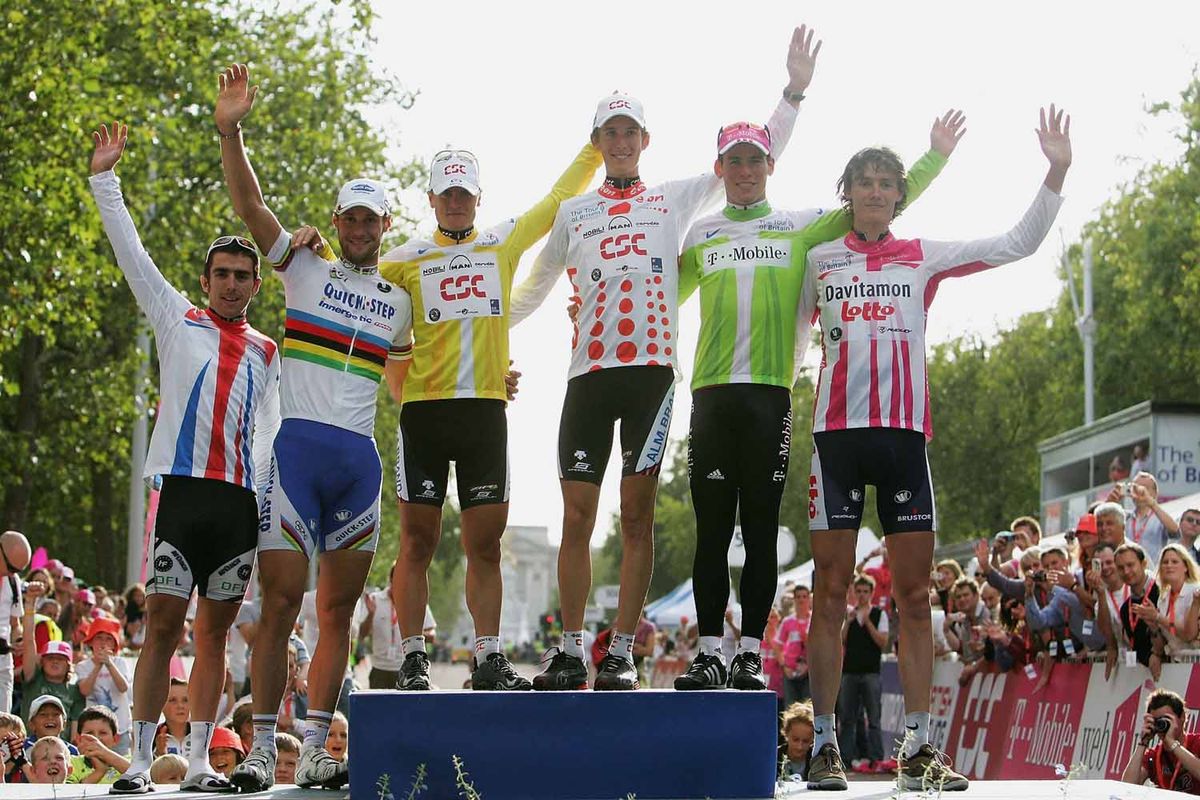 2006 winner Martin Pederson is joined on the podium by Tom Boonen, Andy Schleck and Mark Cavendish.