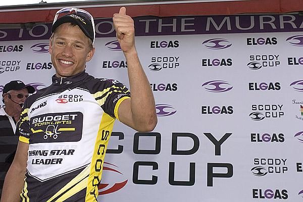 Thumbs up: Richard Lang (Budget Forklifts) is wrapped on remaining the Budget Forklifts Rising Star rider of the tour after the fifth stage.