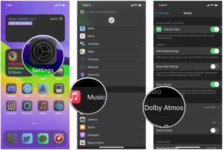 Turn on Apple Music Dolby Atmos Spatial Audio on iPhone by showing: Launch Settings, tap Music, tap Dolby Atmos