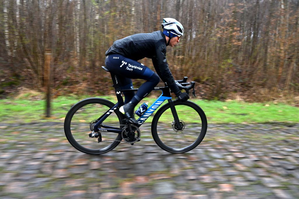 ROUBAIX FRANCE APRIL 06 Juri Hollmann of Germany and Movistar Team during the ParisRoubaix 2023 Training Day 1 UCIWT on April 06 2023 in Roubaix France Photo by Luc ClaessenGetty Images
