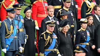 Prince William, Prince of Wales, Prince Harry, Duke of Sussex, Meghan, Duchess of Sussex, King Charles III, Camilla, Queen Consort, Princess Anne, Princess Royal and Princess Beatrice observe the coffin of Queen Elizabeth II