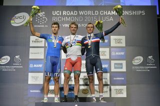 Adriano Malori (Italy), Vasil Kiryienka (Belarus) and Jerome Coppel (France) on the podium for the Mens TT at the 2015 UCI World Championships