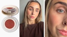 an open compact of refy water blush beside images of emma stoddart wearing the blush, close up showing the sheer wash of colour 
