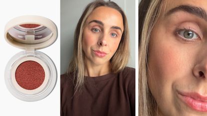 an open compact of refy water blush beside images of emma stoddart wearing the blush, close up showing the sheer wash of colour