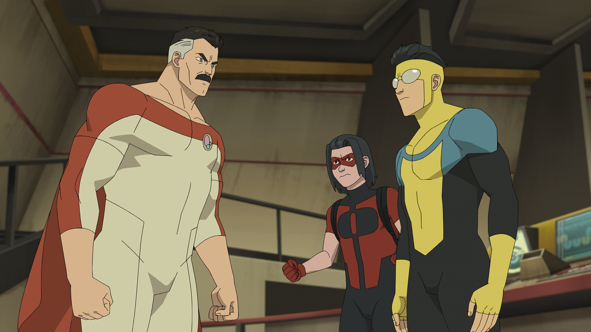 Nolan, Mark, and Oliver all looking at each other with annoyed faces in Invincible season 4