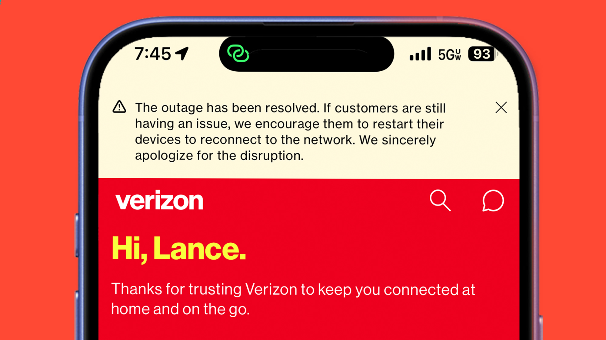 A phone showing a message from Verizon about an outage