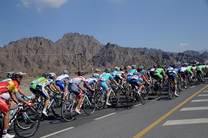 The Tour of Oman peloton en route from Al Musannah to Sultan Qaboos University in stage 1.