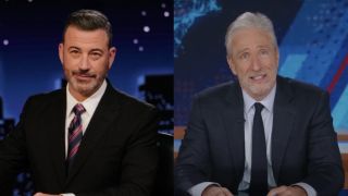 Jimmy Kimmel sitting at desks on their respective shows