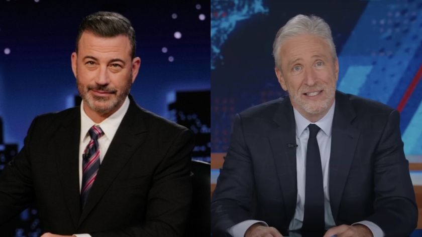 Jimmy Kimmel sitting at desks on their respective shows