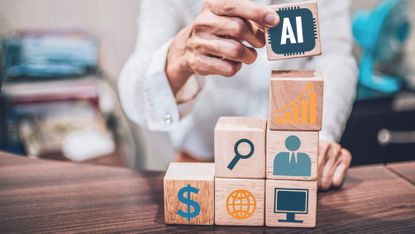 Wooden building blocks with icons representing AI, technology, digital transformation and cost