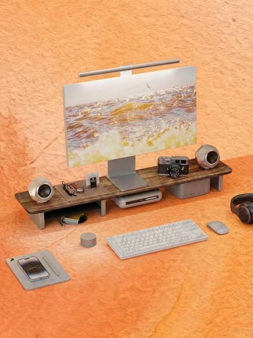 Pegzone 46" Dual Monitor Riser, Metal Shelf Wooden Desk Organizer