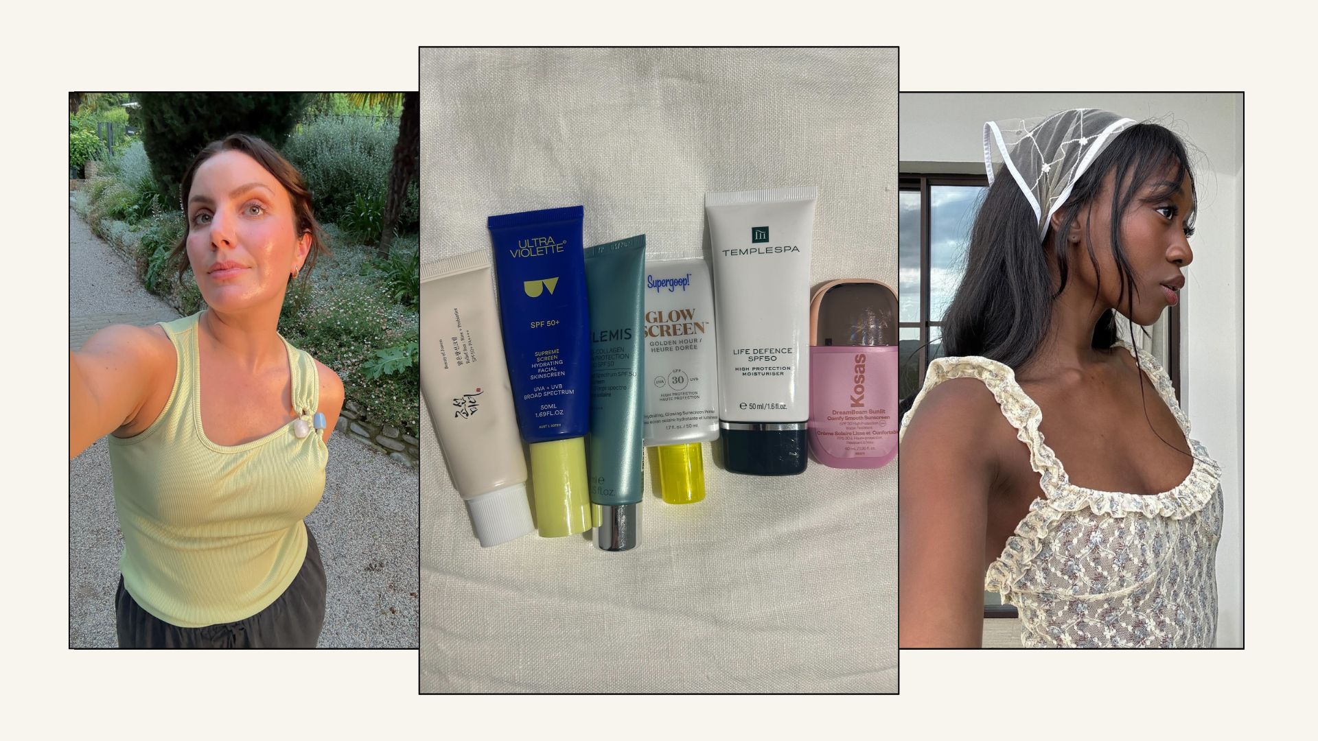 Two women taking selfies with glowing skin and a picture of some of the best glowing sunscreens