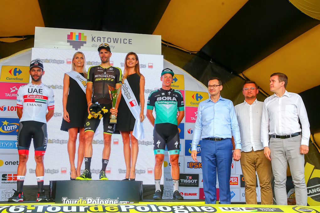 Luka Mezgec on the stage 2 podium at Tour de Pologne