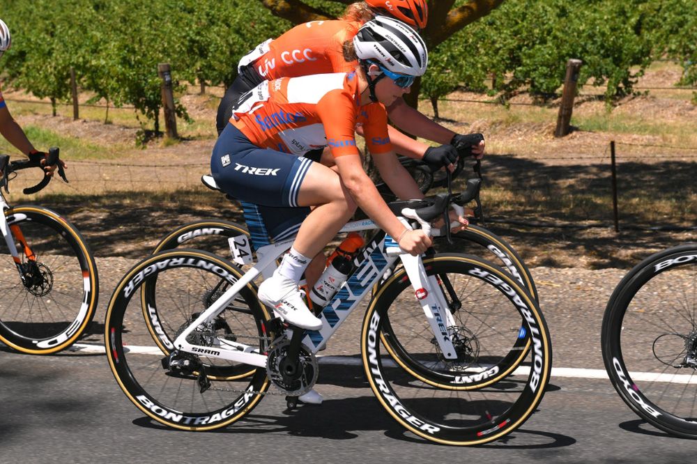 Letizia Paternoster (Trek-Segafredo) in the leader's ochre jersey