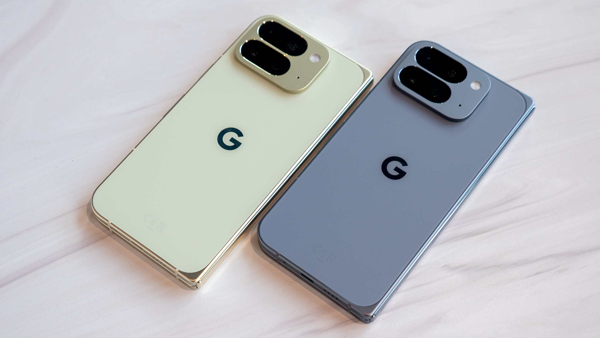 The Jade Google Pixel 10 Pro Fold alongside the Moonstone colorway