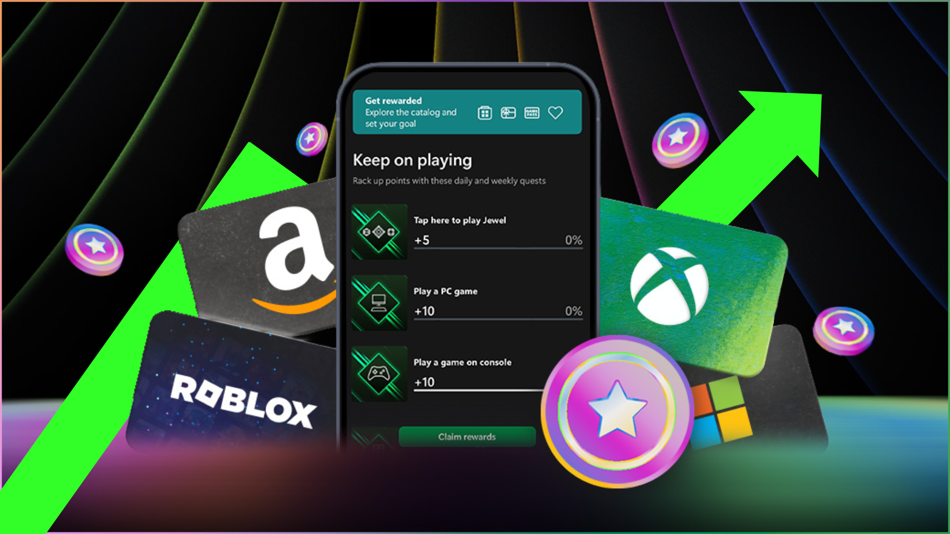 Microsoft Rewards graphics with arrow indicating price increase