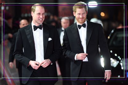 a close up of Prince William and Prince Harry dressed in tuxedos on the red carpet