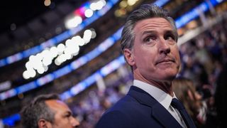 California Gov. Gavin Newsom looks on during the second day of the Democratic National Convention at the United Center on August 20, 2024 in Chicago, Illinois. 