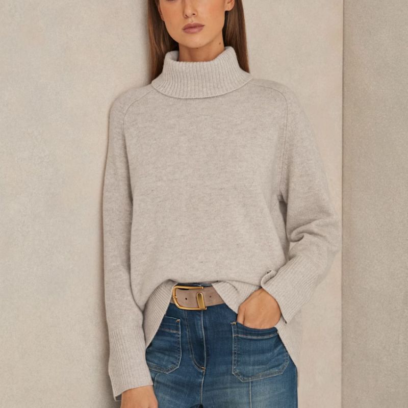 Reiss Wool-Cashmere Roll-Neck Jumper in Oatmeal on model 