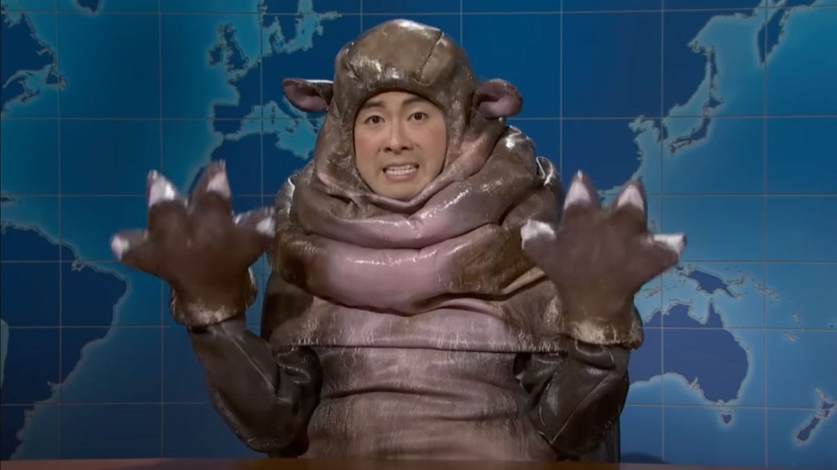 Bowen Yang dressed as Moo Deng the viral hippo on SNL&#039;s Weekend Update 