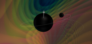 An artist's depiction of mismatched black holes colliding.