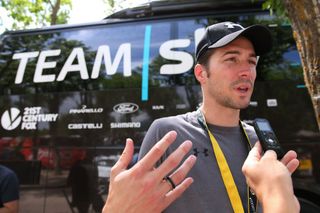 Nicolas Portal fields questions from the press outside the Team Sky bus