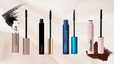 4 of the best tubing mascaras featured in this guide from (left to right) No7, Merit, MAC and Glossier, set against a pink fabric effect background with two mascara swatches