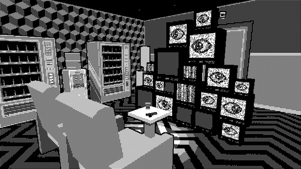 A scene from a black-and-white pixelated 3D video game inspired by Severance called Pager