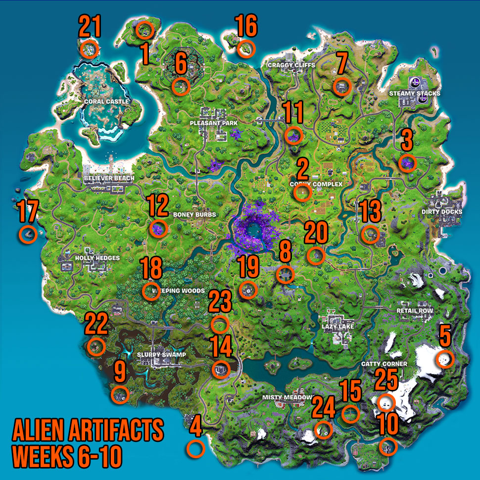 Fortnite Alien Artifacts locations weeks 6-10 map