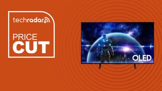 Samsung S90D OLED TV on orange background with price cut sign