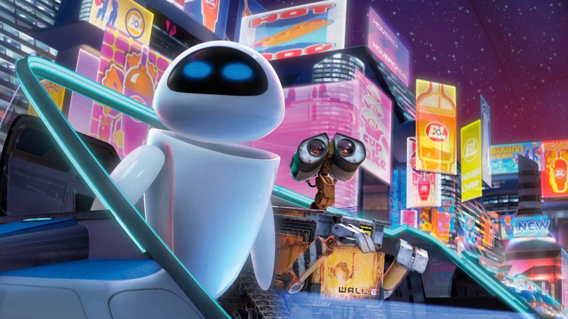 Two non-humanoid robots looking out over a sci-fi city filled with hologram billboards and signs.
