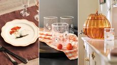 Three pictures - one of a mushroom plate on a brown tablecloth, one of an orange gingham napkin on black plates, and one of a glass next to a pumpkin dispenser