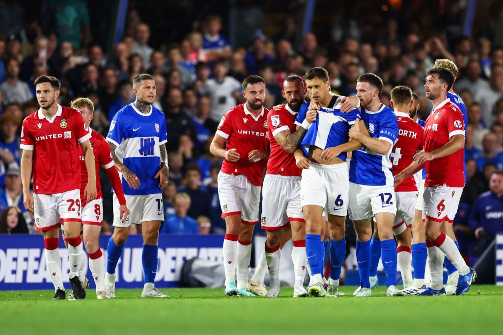 BIRMINGHAM, ENGLAND - SEPTEMBER 16: Krystian Bielik of Birmingham City is held back from the melee during the Sky Bet League One match between Birmingham City FC and Wrexham AFC at St Andrews at Knighthead Park on September 16, 2024 in Birmingham, England. (Photo by Jacques Feeney/Offside/Offside via Getty Images)