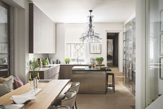 Dining table and chairs with kitchen beyond with wood cabinets