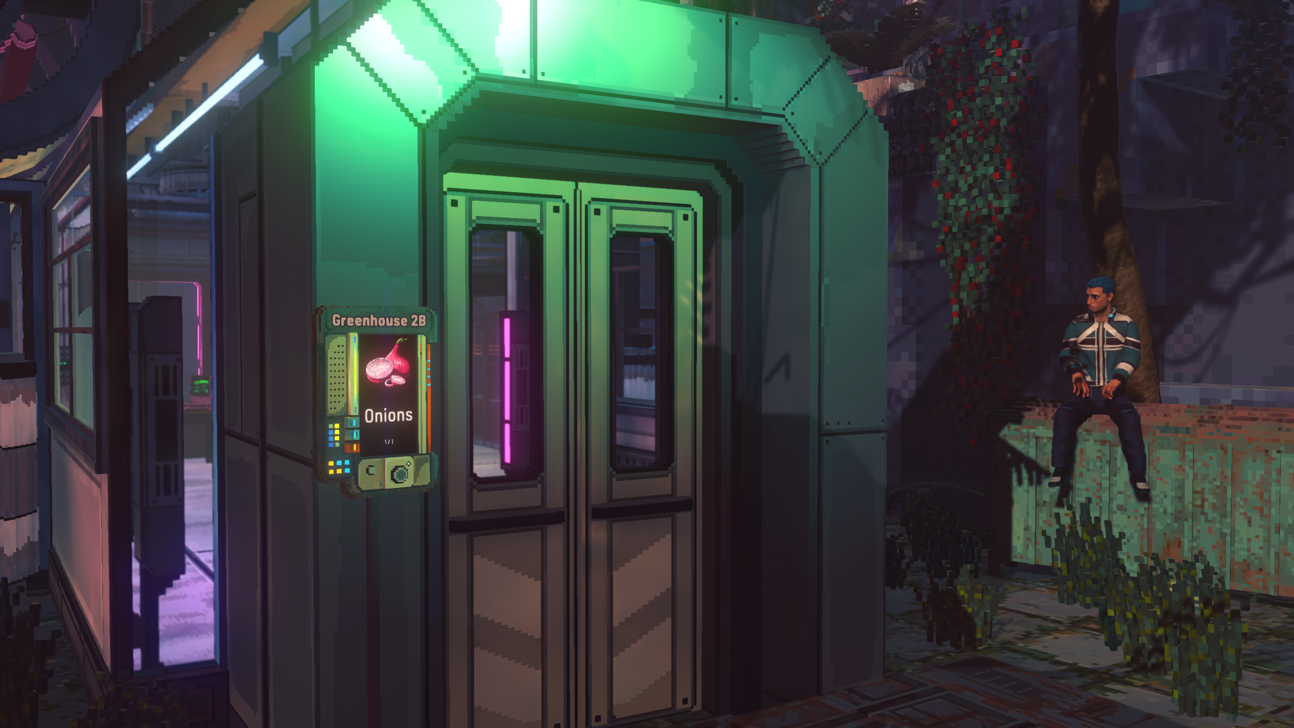 Nivalis Nights - a greenhouse door showing a panel with onions
