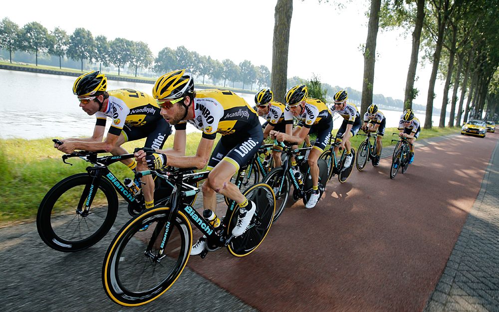 Dutch rider Laurens ten Dam (Front) and his teammates of the Lotto NL-Jumbo Dutch cycling team, train in the outskirts of Utrecht, The Netherlands.