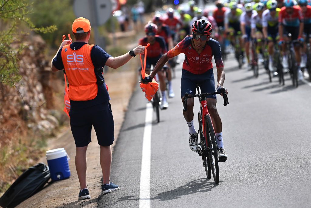 BURRIANA SPAIN AUGUST 30 Egan Bernal of Colombia and Team INEOS Grenadiers competes in the feeding area during the 78th Tour of Spain 2023 Stage 5 a 1846km stage from Burriana to Burriana UCIWT on August 30 2023 in Morella Spain Photo by Tim de WaeleGetty Images