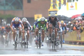 Australian sprinter Brett Lancaster takes the soggy second stage in Santa Rosa.