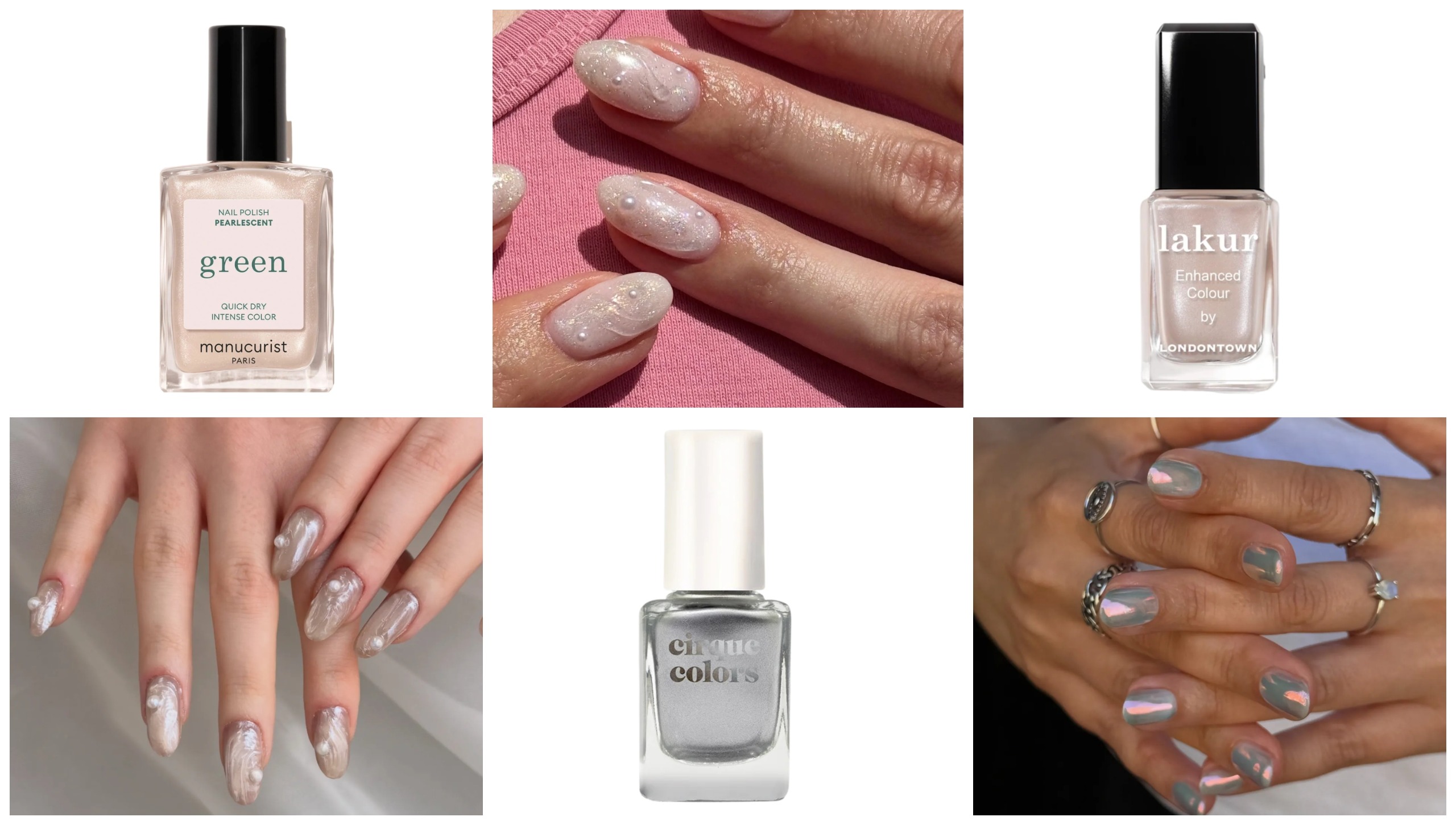a six image collage of oyster and pearl nails with three iridescent oyster nail polishes