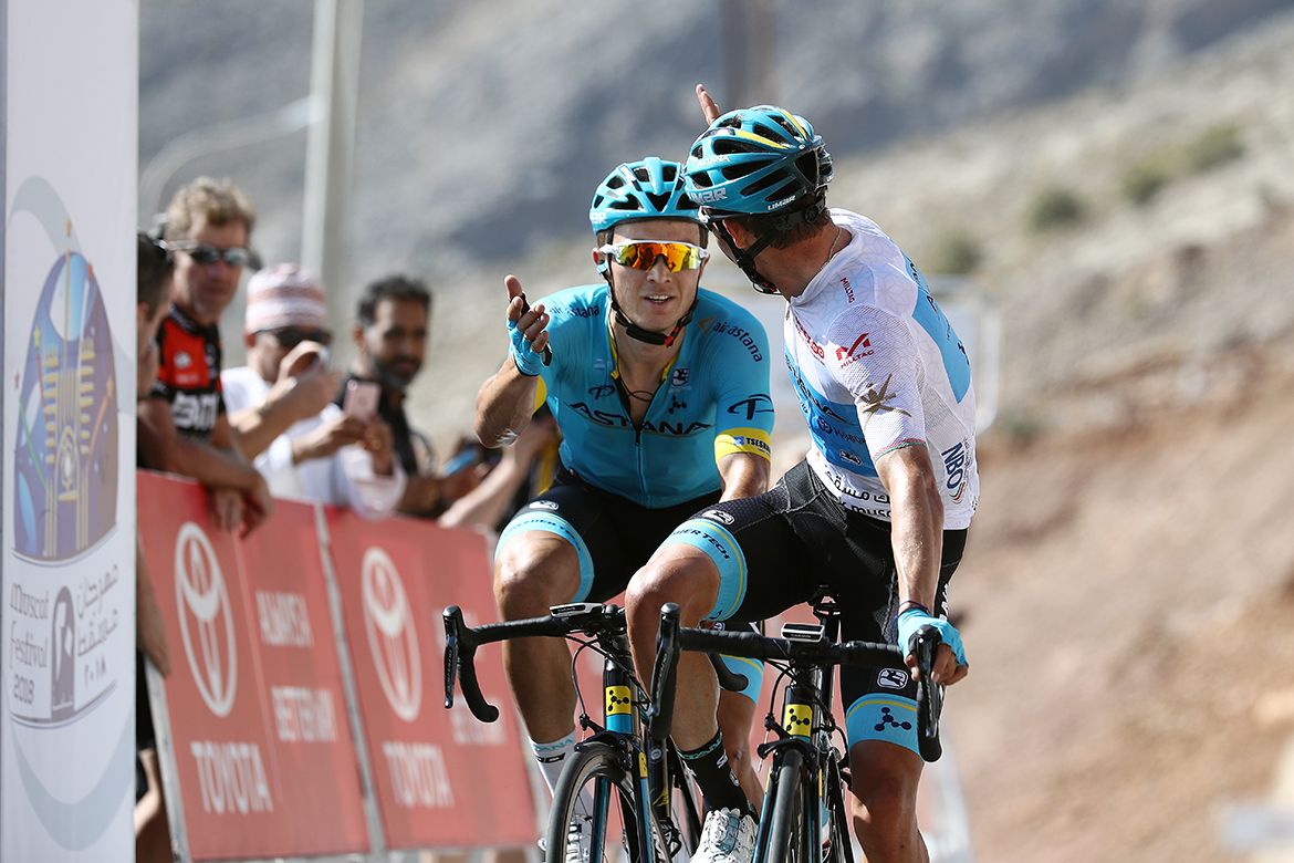 Alexey Lutsenko and Miguel Angel Lopez (Astana) celebrate their big day out