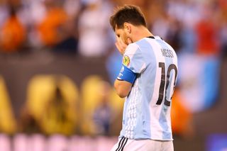 Lionel Messi reacts after missing a penalty against Chile for Argentina in the Copa America Centenario final in 2016.