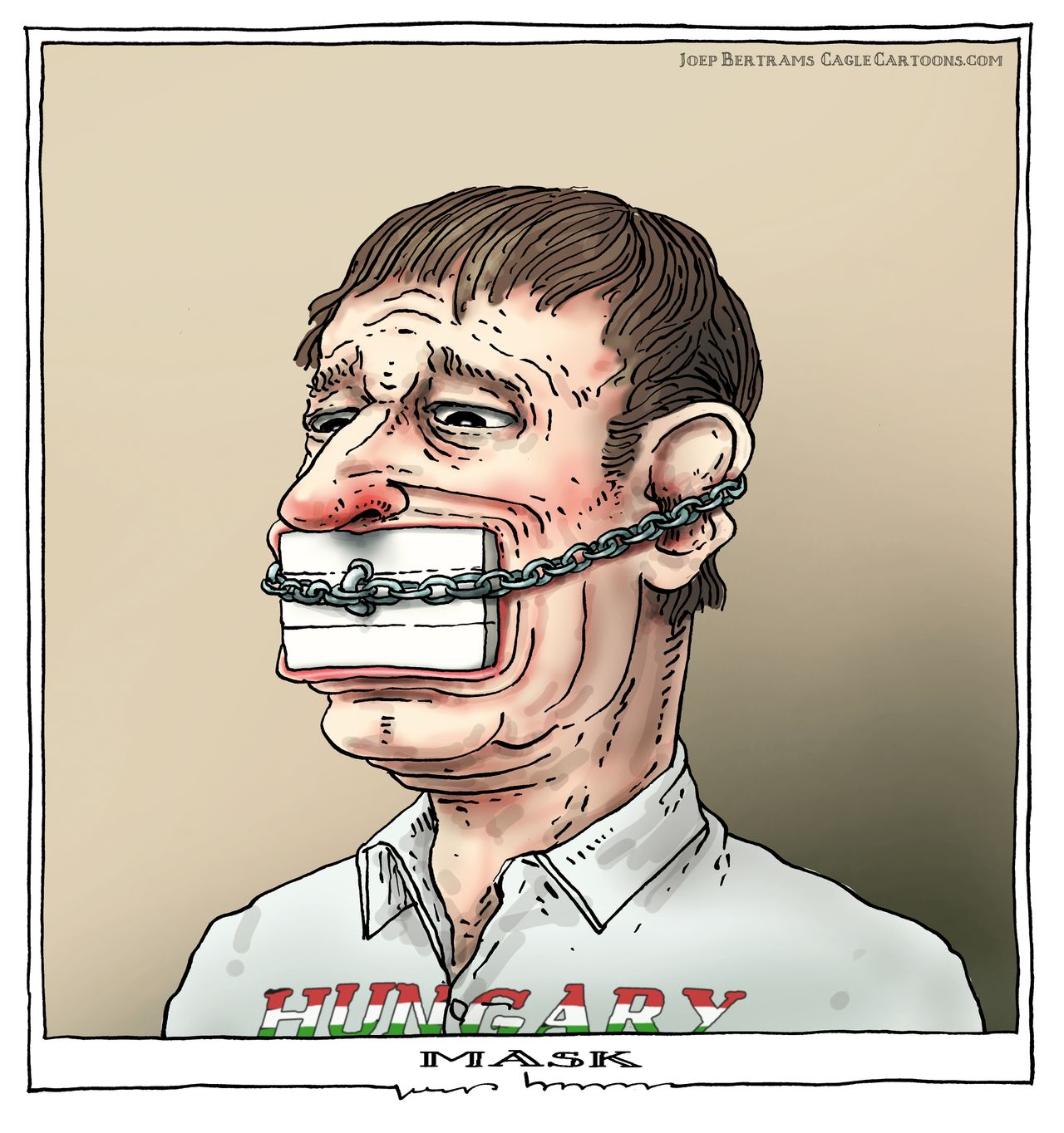 Political Cartoon World Hungary Viktor Orban Coronavirus mask stopper chains