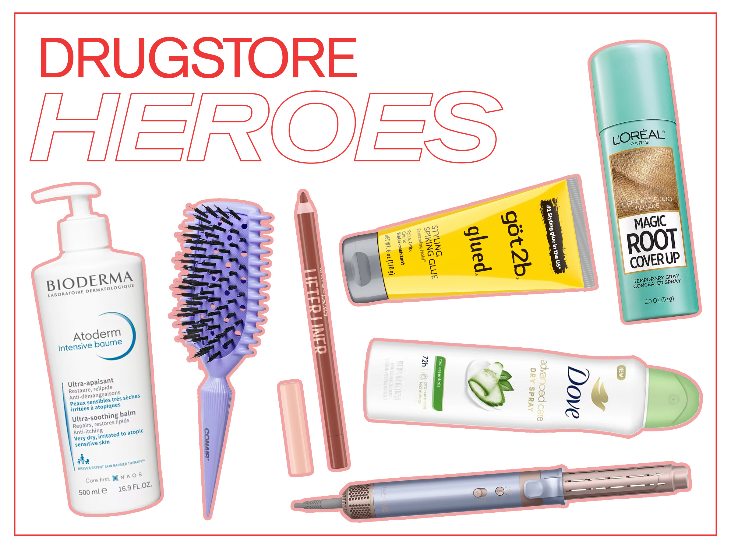 A collage of celebrity hairstylist Cynthia Alvarez&#039;s seven desert-island drugstore beauty products