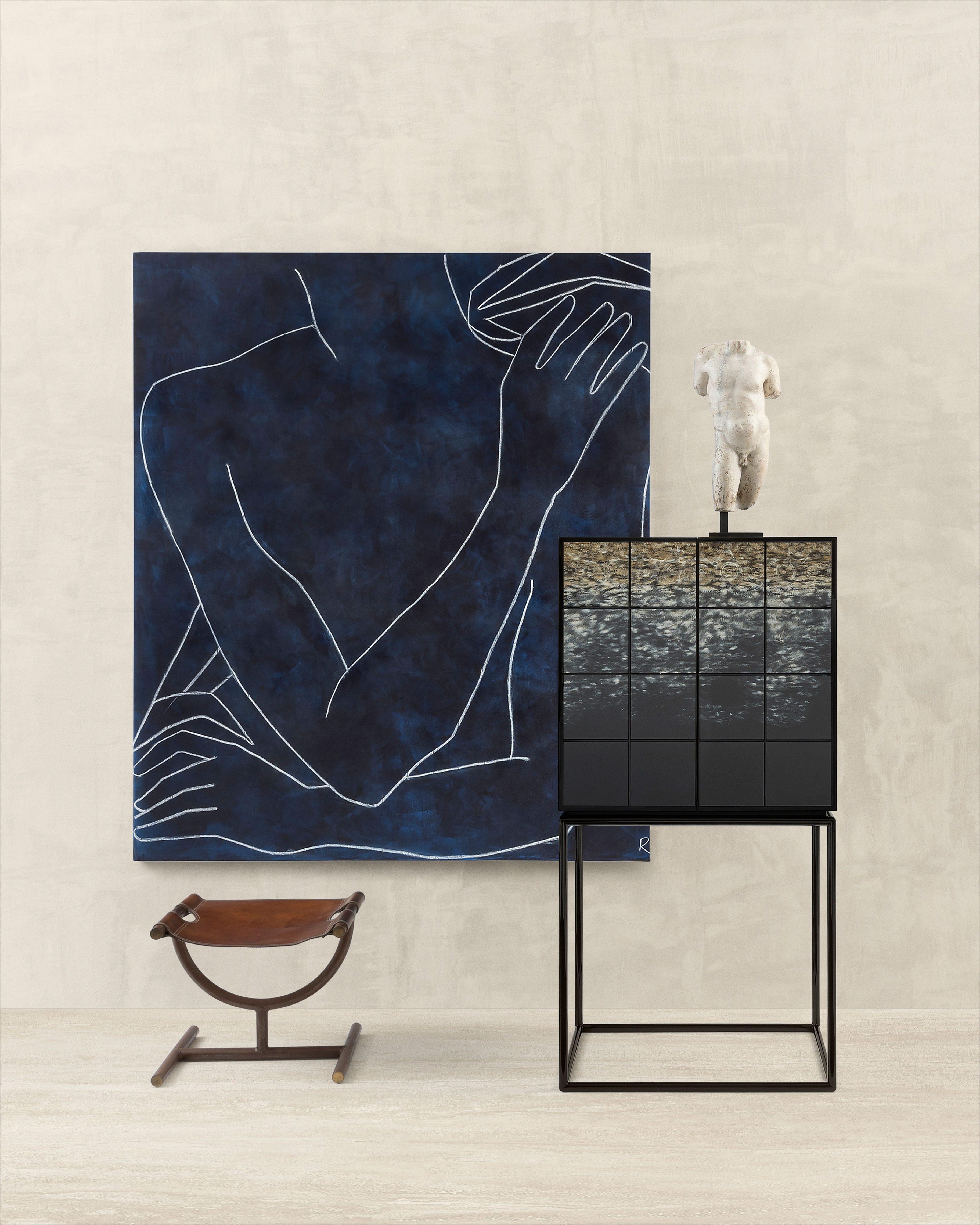 Armani casa furniture with blue artwork by Roberto Ruspoli