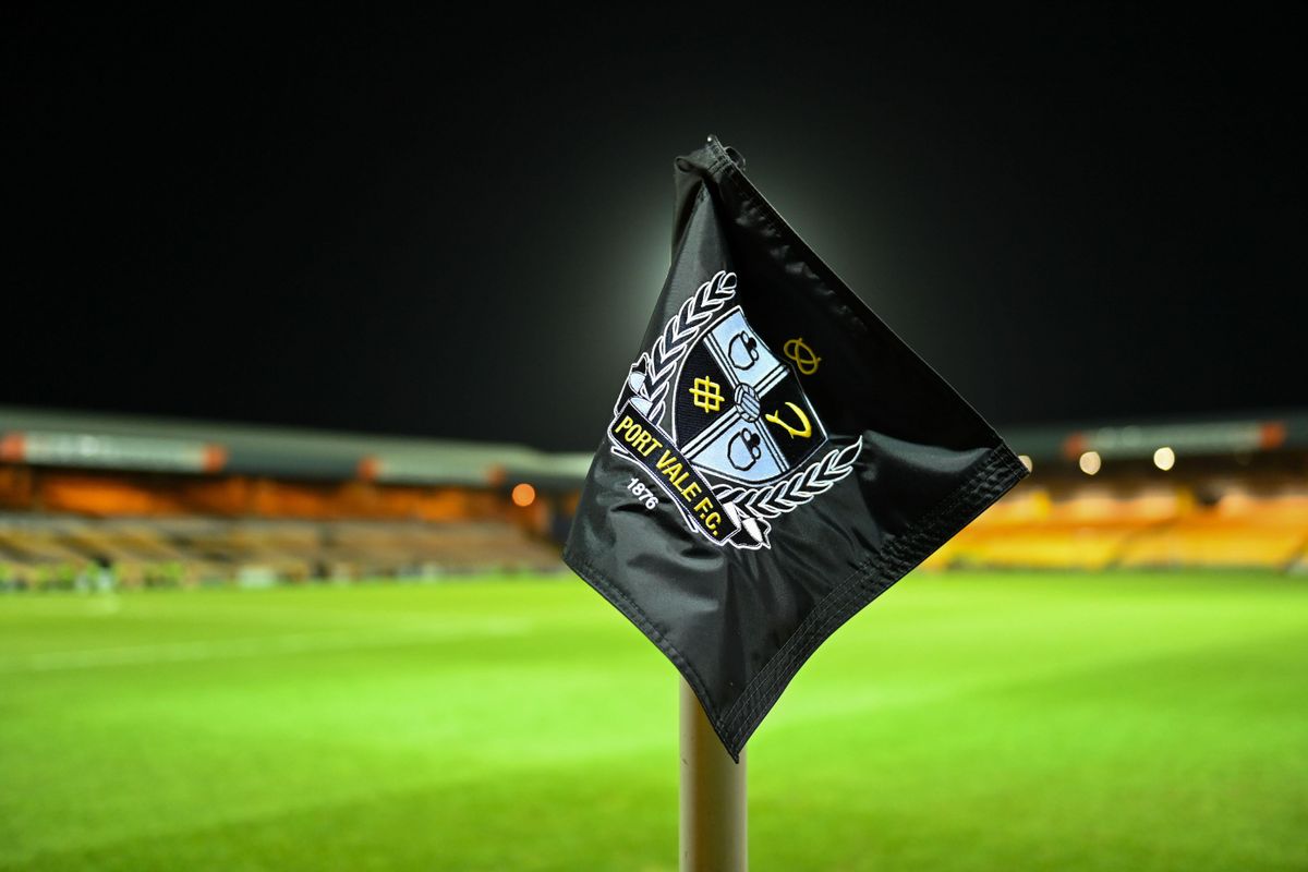 The Port Vale club crest on a corner flag at the club's Vale Park stadium