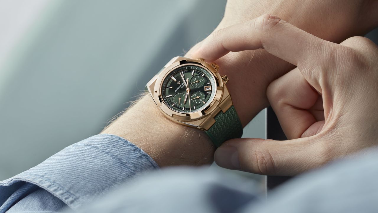 The Vacheron Constantin Overseas range with a green dial and a pink gold case, as unveiled at Watches and Wonders 2024