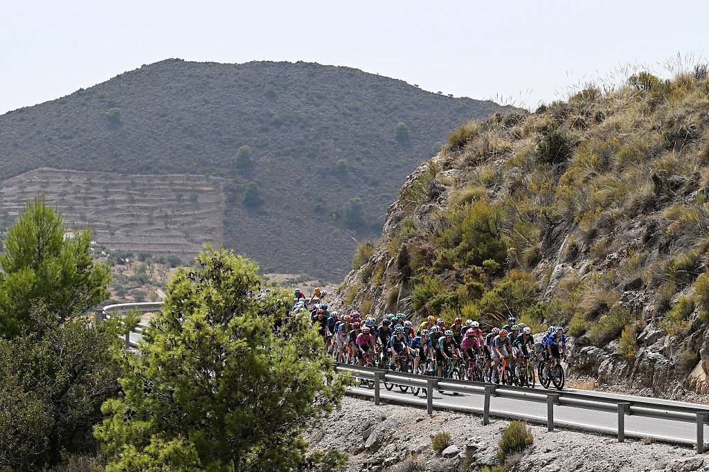 LOJA, SPAIN - SEPTEMBER 04: A general view of the peloton competing during the La Vuelta - 81st Tour of Spain 2026, Stage 13 a 192.8km stage from Almu&amp;ntilde;ecar to Loja 501m / #UCIWT / on September 04, 2026 in Loja, Spain. (Photo by Tim de Waele/Getty Images)