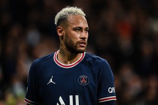 Neymar of Paris Saint-Germain looks on during the UEFA Champions League Round Of Sixteen Leg Two match between Real Madrid and Paris Saint-Germain at Estadio Santiago Bernabeu on March 09, 2022 in Madrid, Spain.